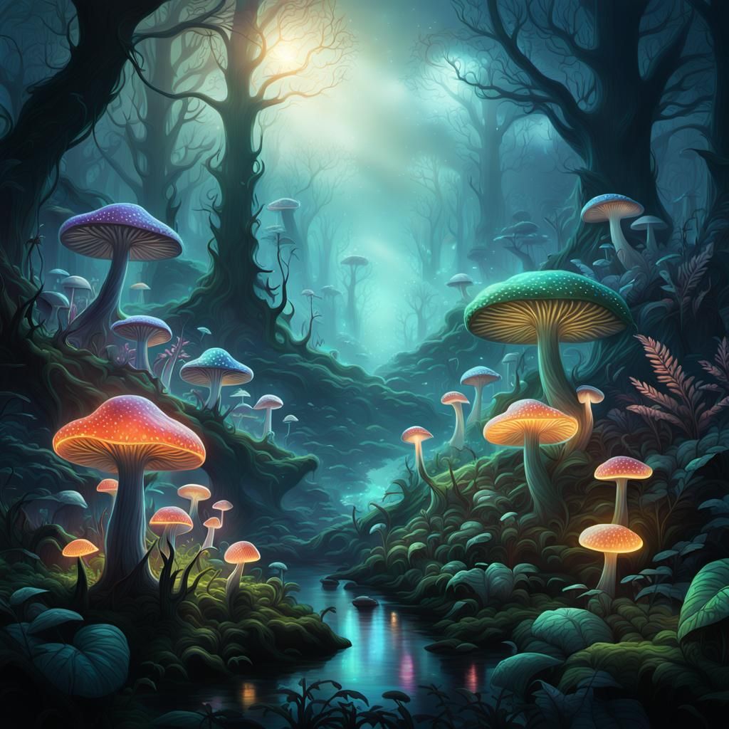 Glowing Iridescent Forest in a Cinematic Landscape