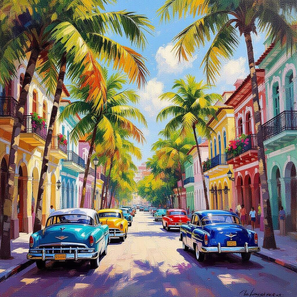 Impressionist Oil Painting of Vibrant Tropical Havana