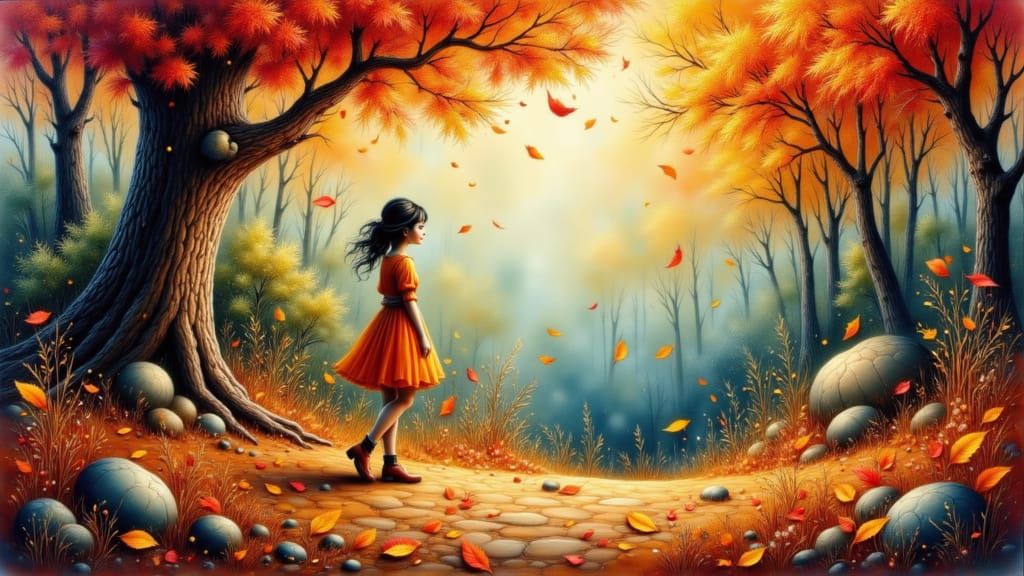 Dreamy Walk Under Golden Leaves, Abstract Expressionism