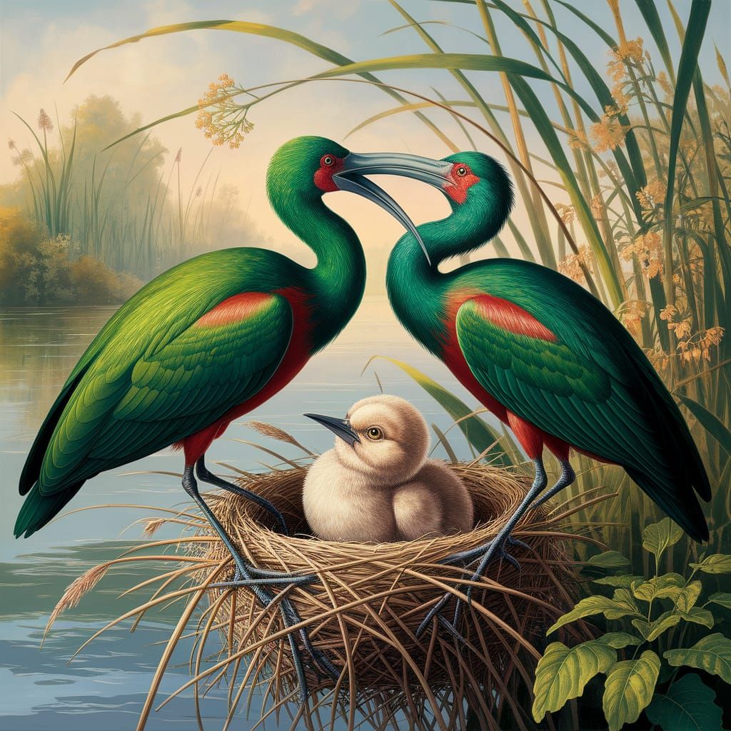 Green Ibis Kiss: An Oil and Ink Painting