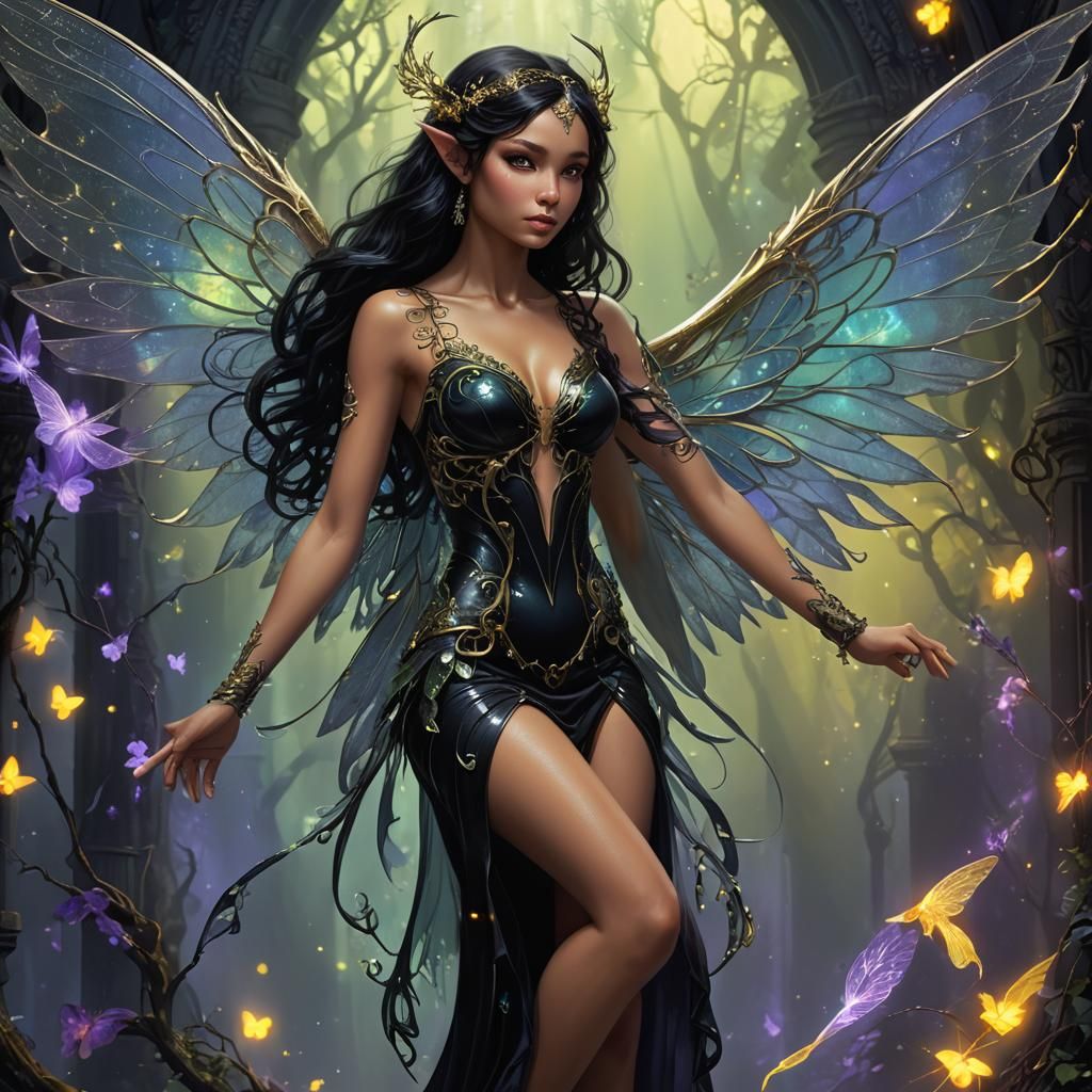 Black-Dressed Fairy with Angel Wings in Detailed Matte Paint...