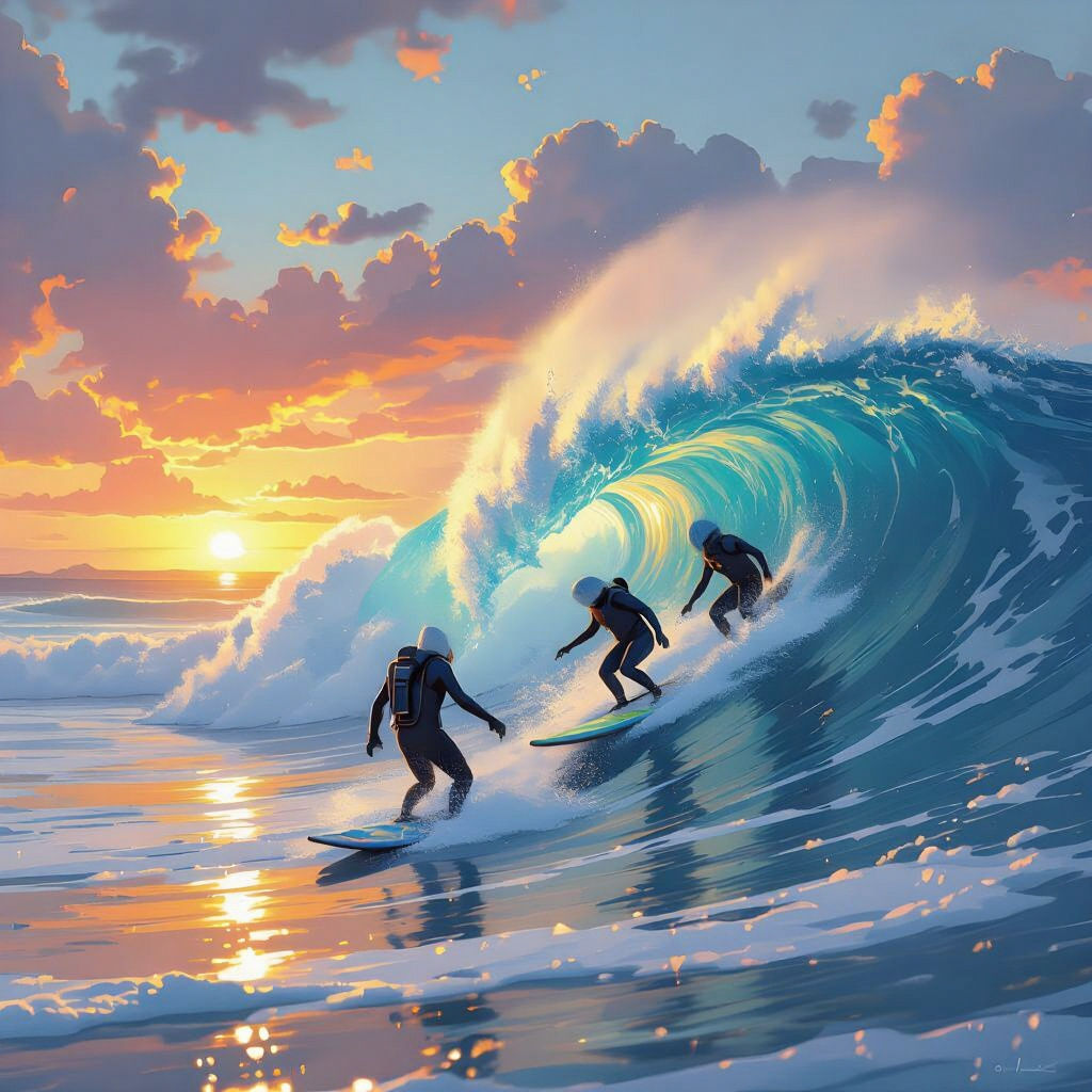 Space Aliens Surf Arctic Waves at Sunset