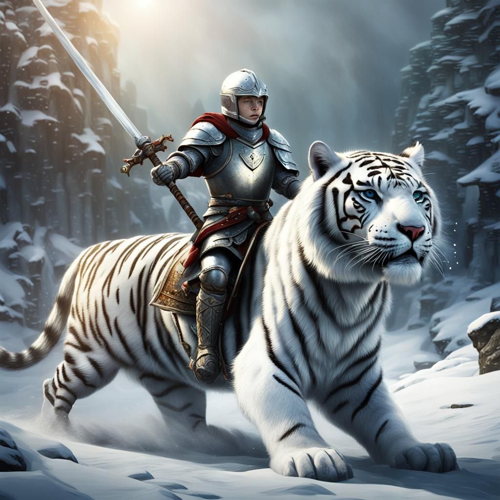Child Knight on Snow-White Tiger: Fantasy Art