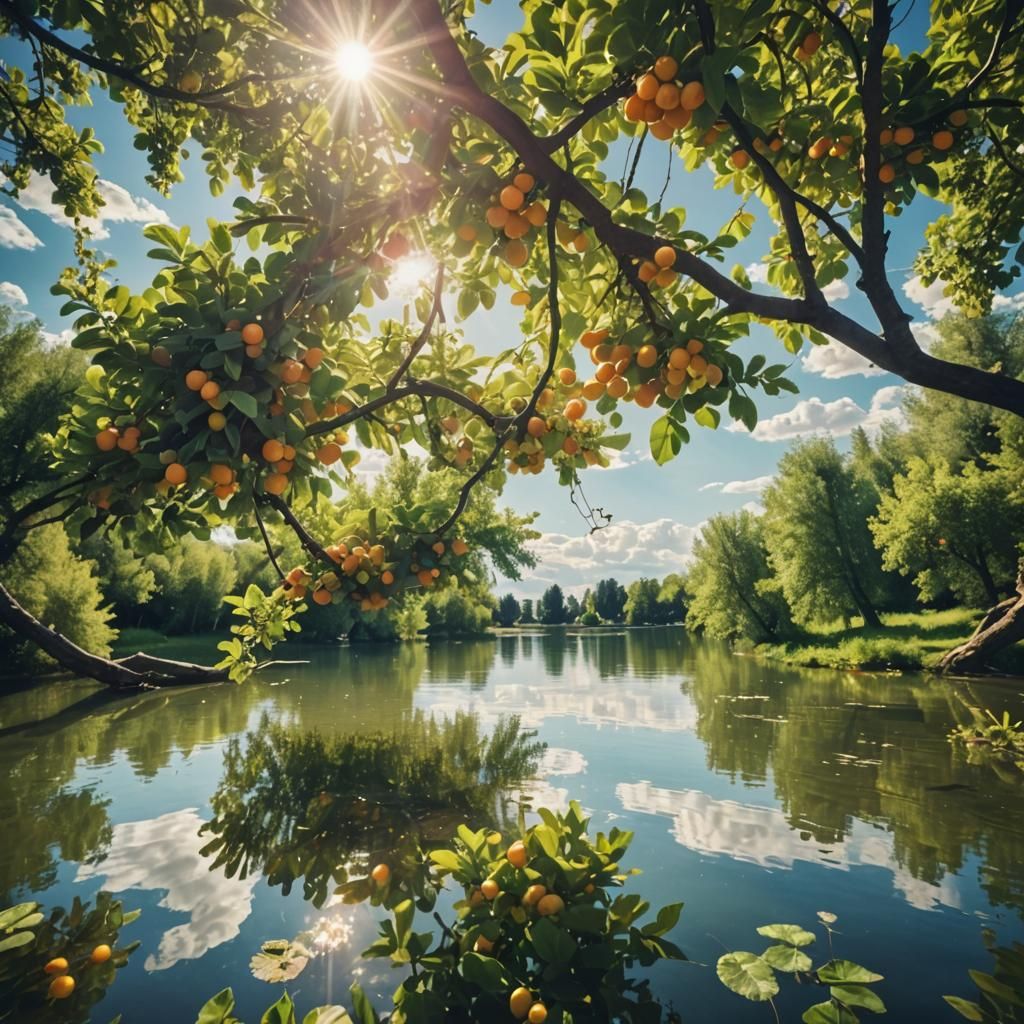 Heavenly Lake Surrounded by Fruit Trees