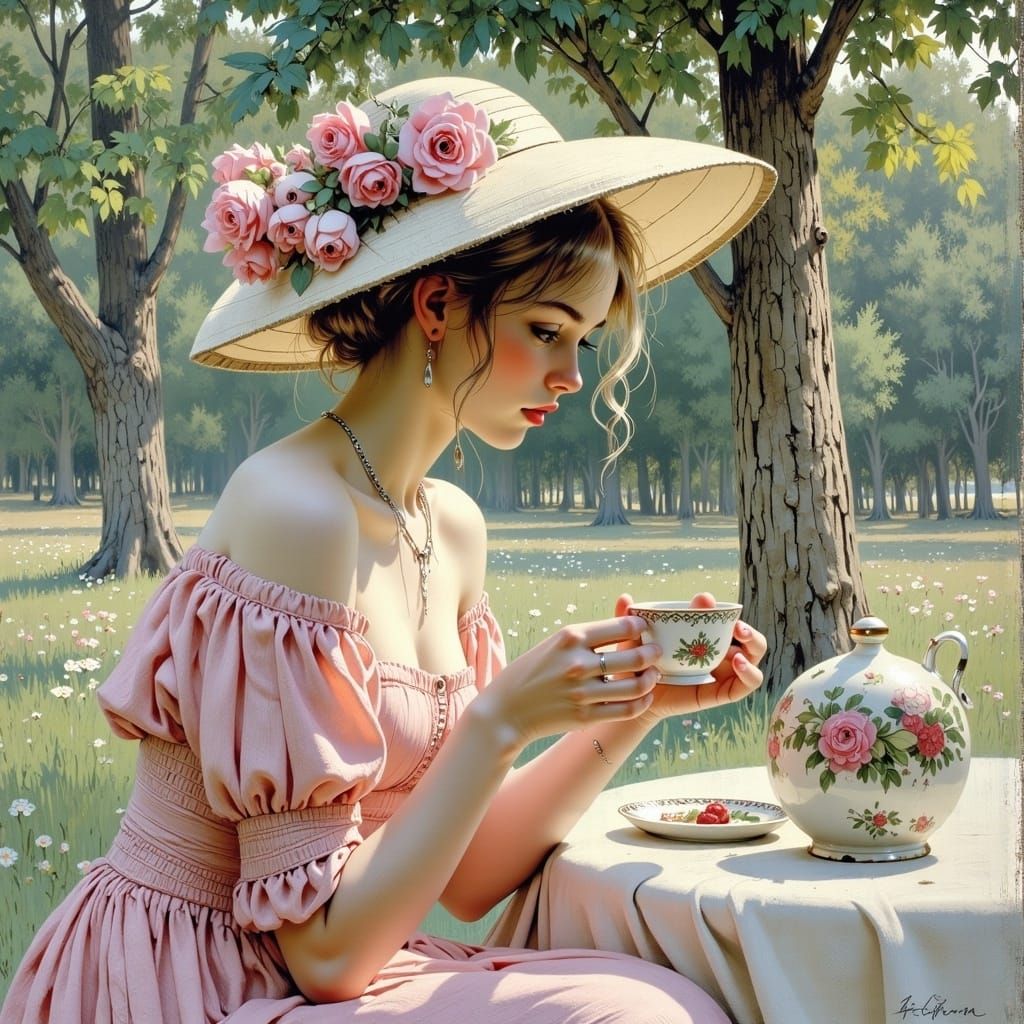 Woman in Rose Dress with Teacup, Impressionist Oil Painting