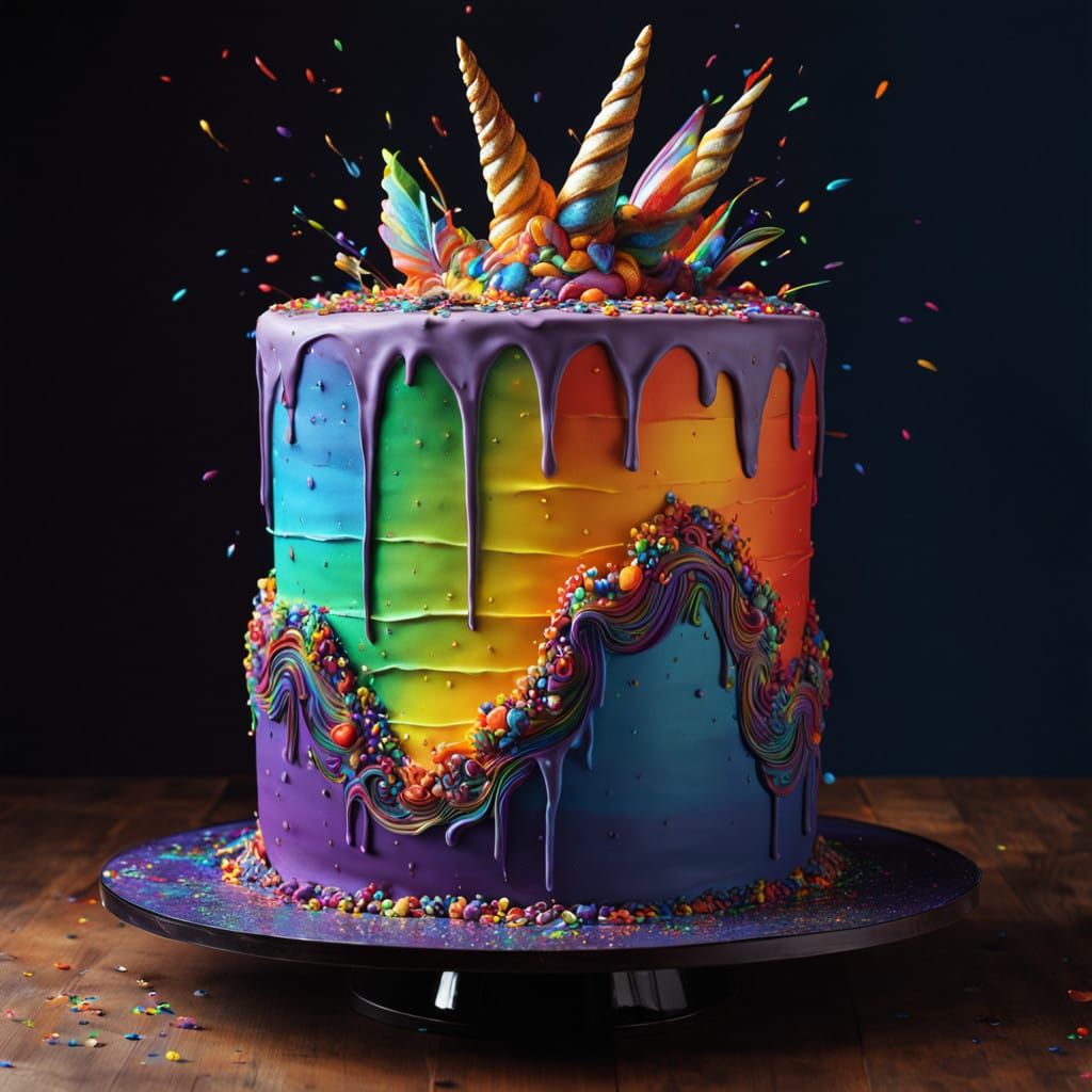 Vibrant Rainbow Unicorn Cake in Dreamlike Style