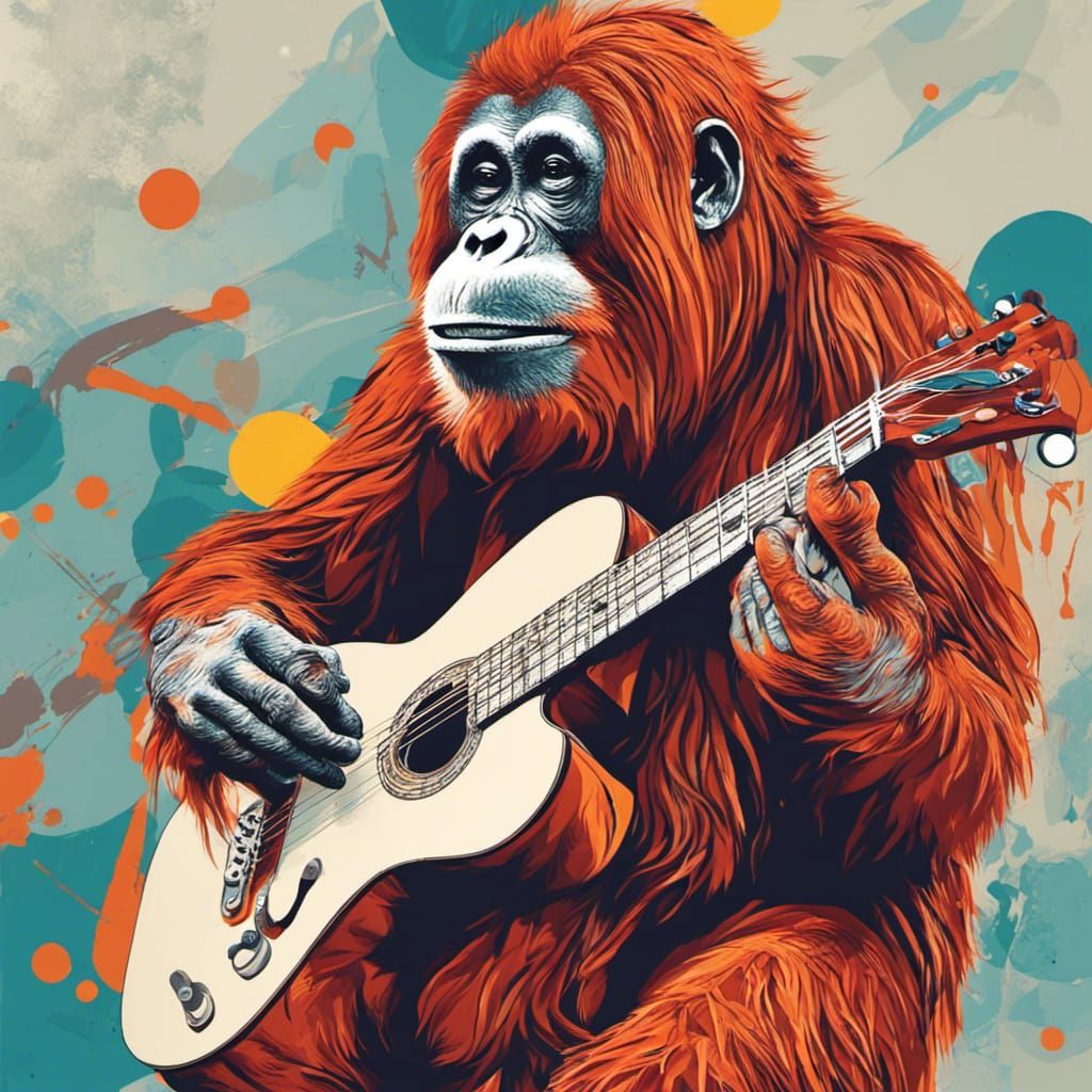 Orangutan Plays Guitar in Abstract Style