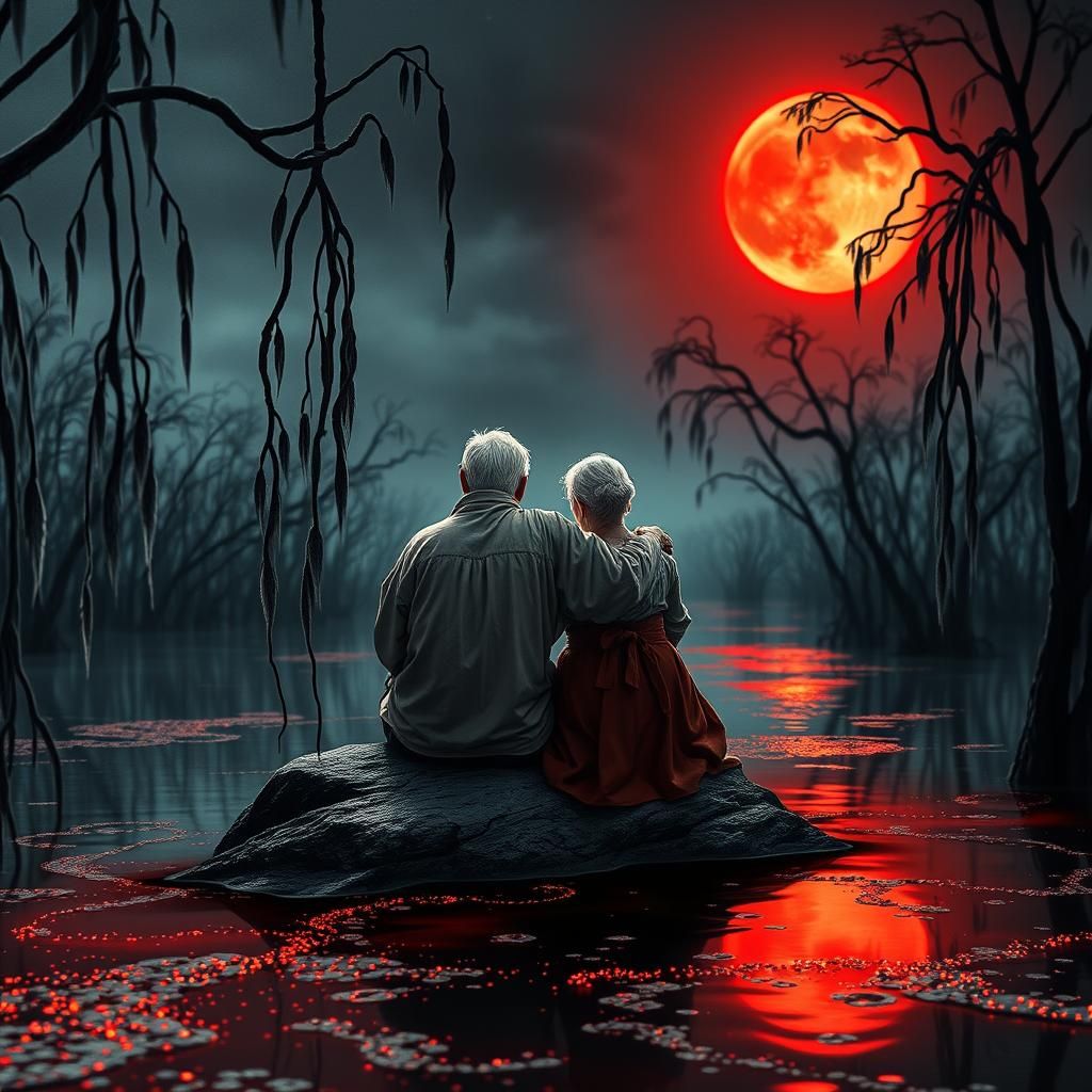 Sumi-e: Elderly Couple by Moonlit River