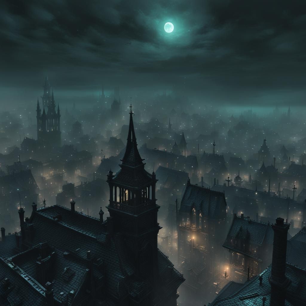 Eerie Teal Lit Cityscape Inspired by Bloodborne