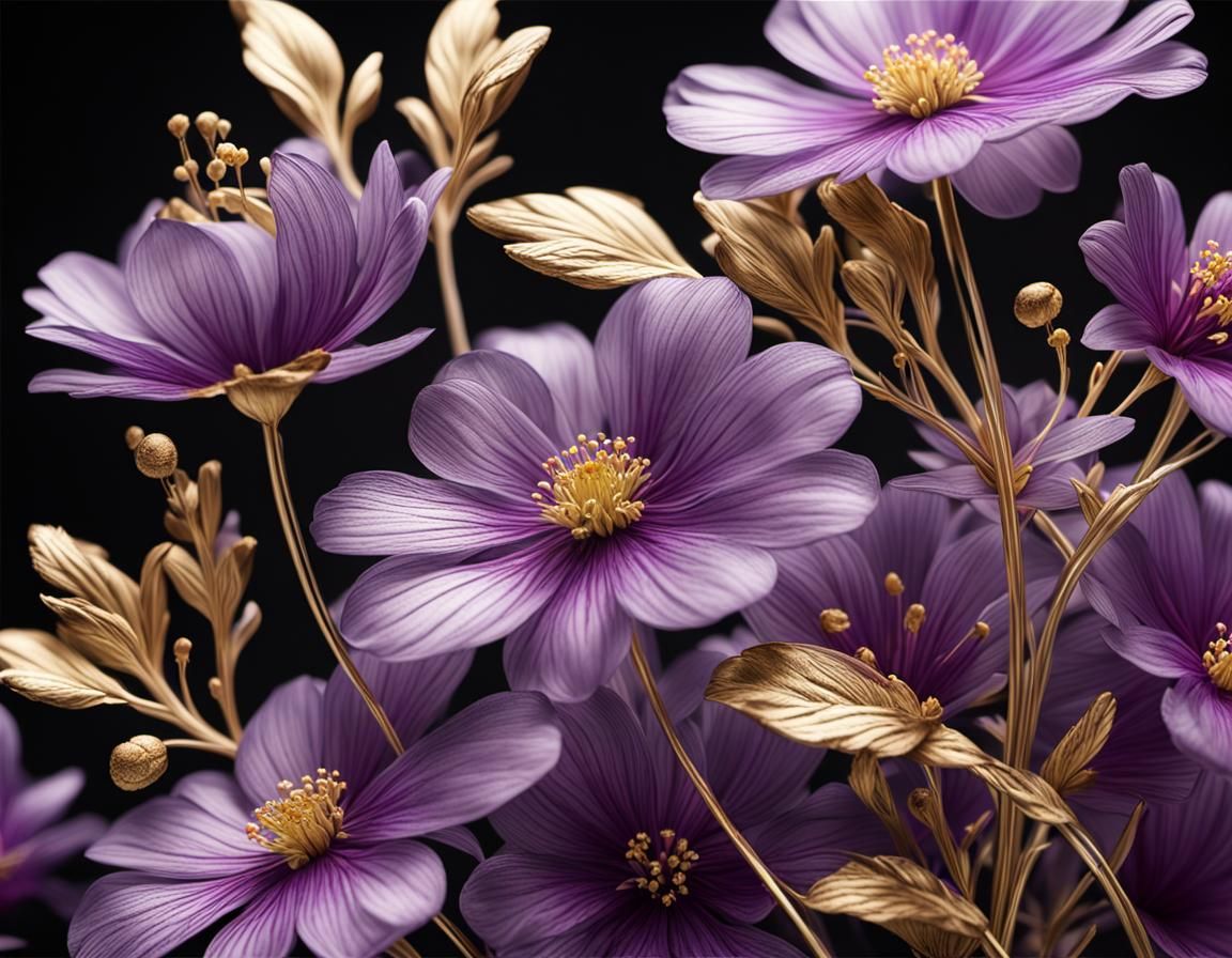 Transparent Floral Digital Art with Gold Line Details