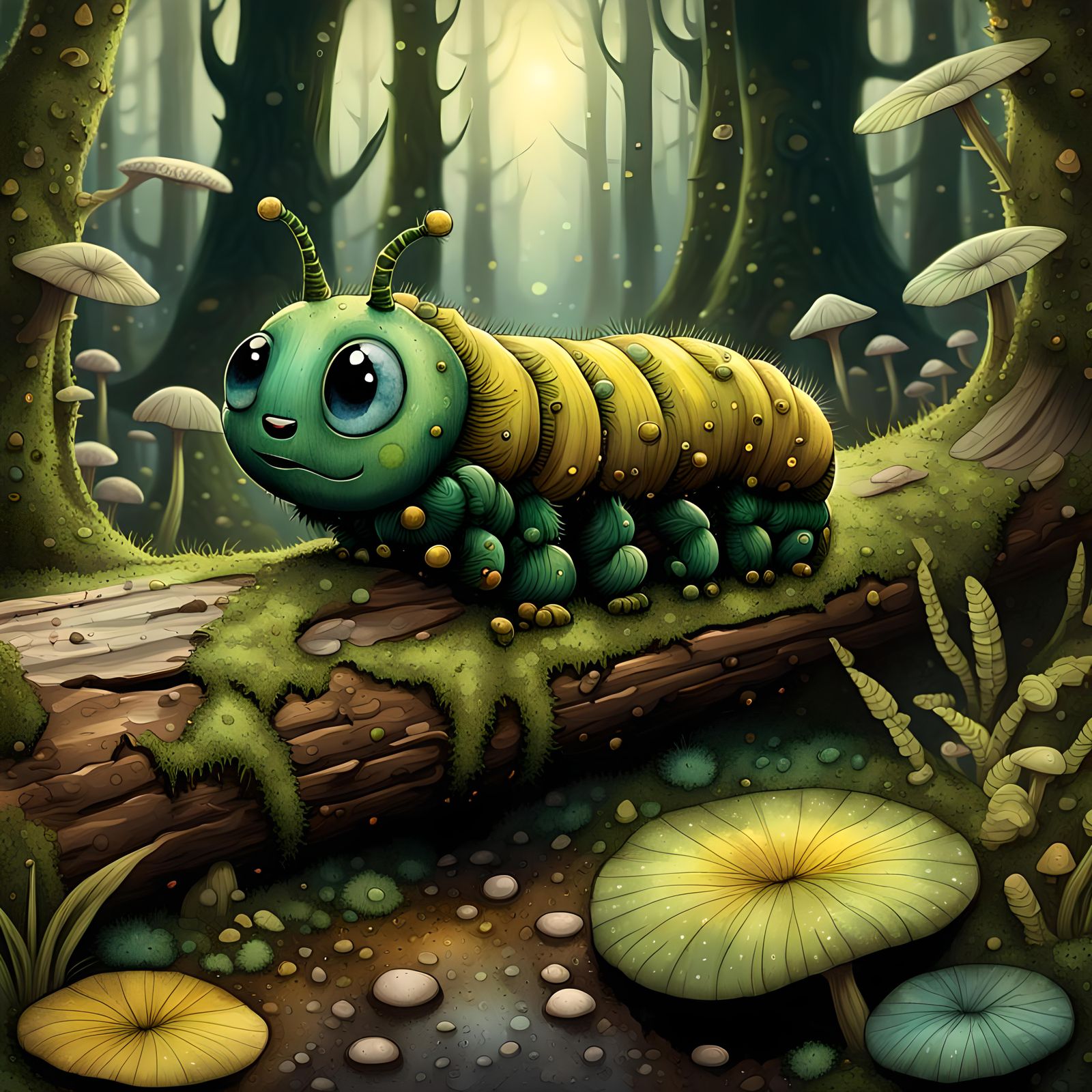 Chibi Caterpillar Explores Ethereal Forest as Watercolor