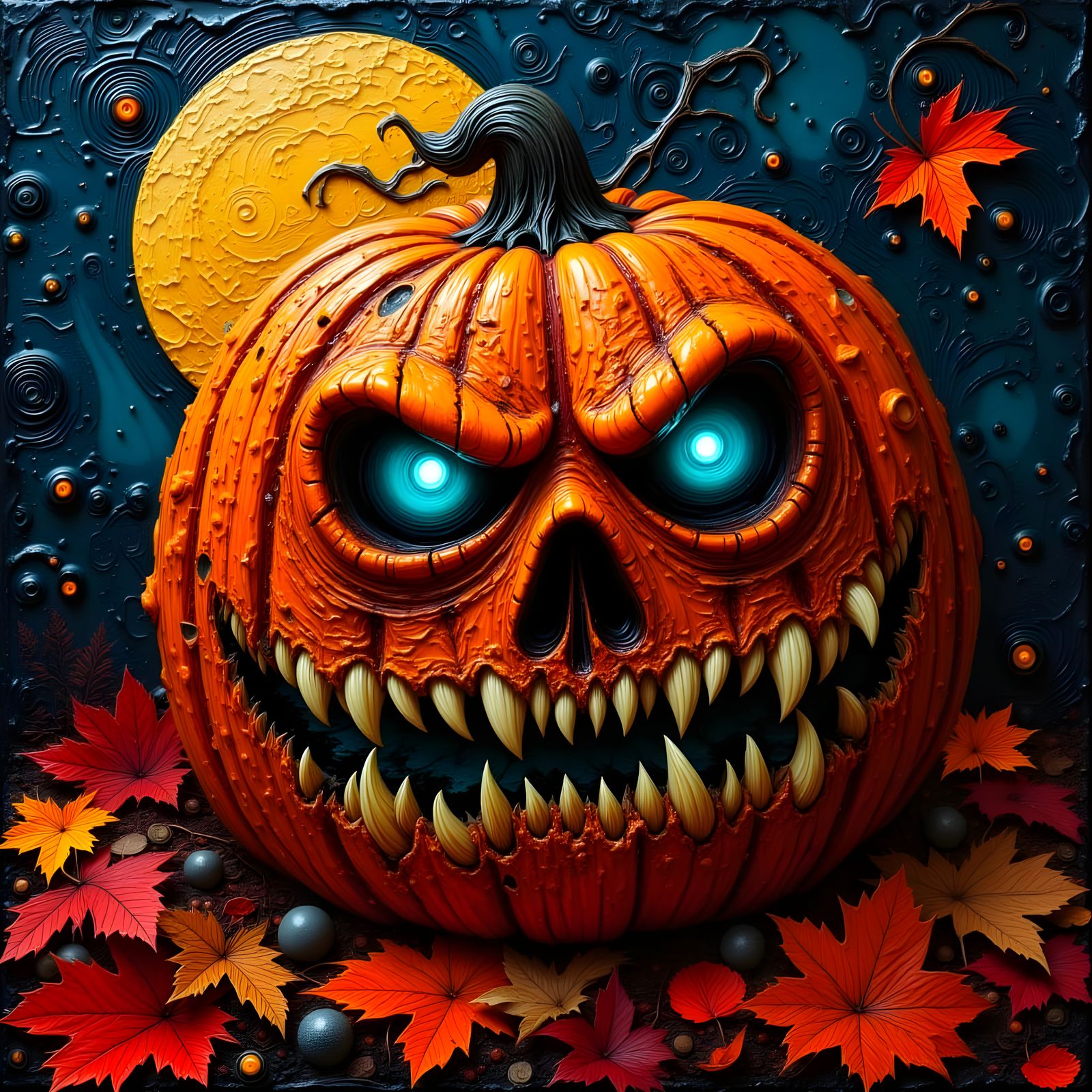 Sinister Waxy Jack-o'-Lantern with Eerie Blue Glow