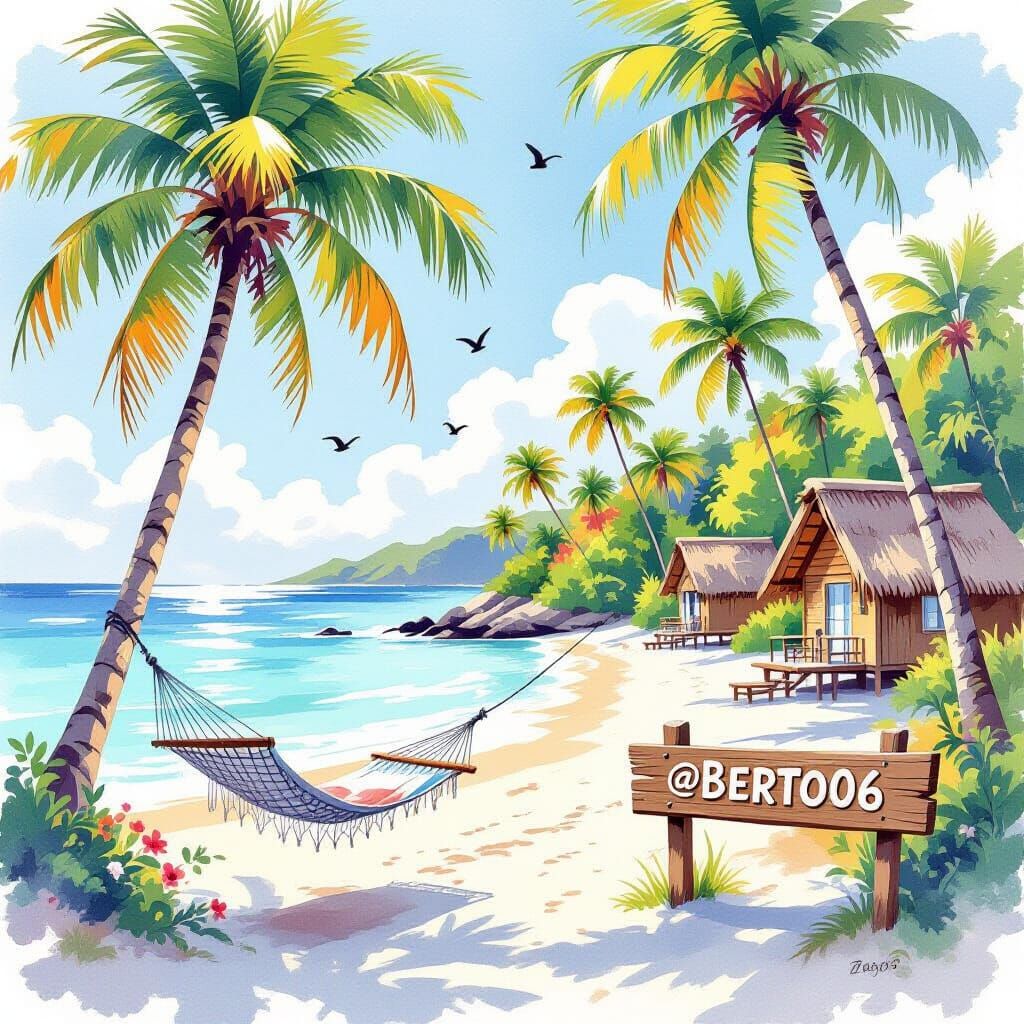 Dreamy Tropical Island with Hammock at Golden Hour