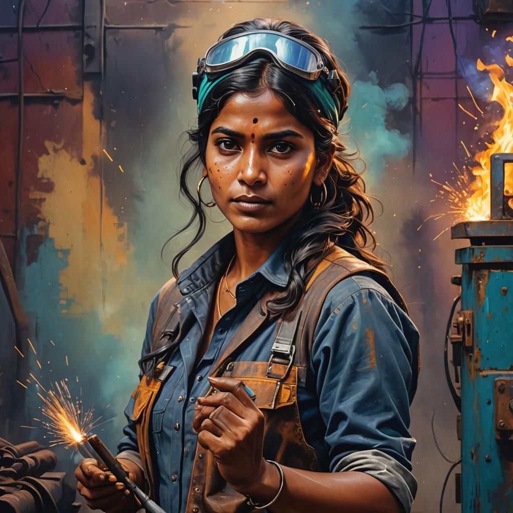 Stunning Hyperrealistic Indian Woman Welder Portrait
