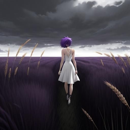 Girl in Grassy Field: Anime-Style Black and White