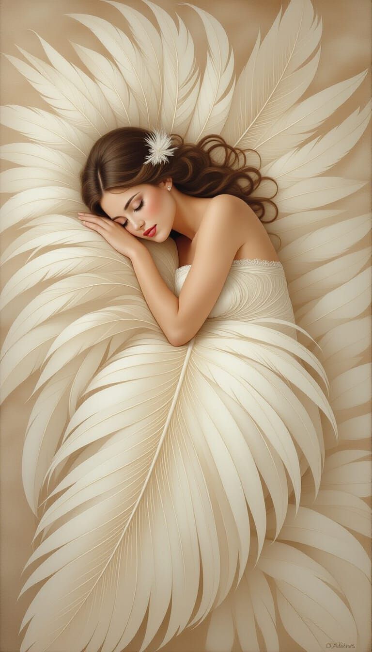 Woman Sleeping on Delicate Feather in Ethereal Sepia Tones