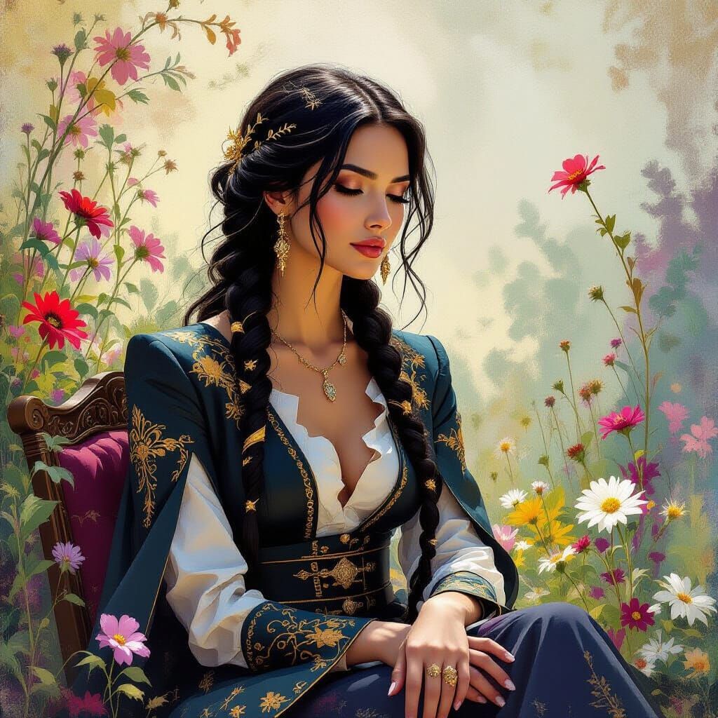 Golden Braids in Abstract Garden, Surreal Digital Art