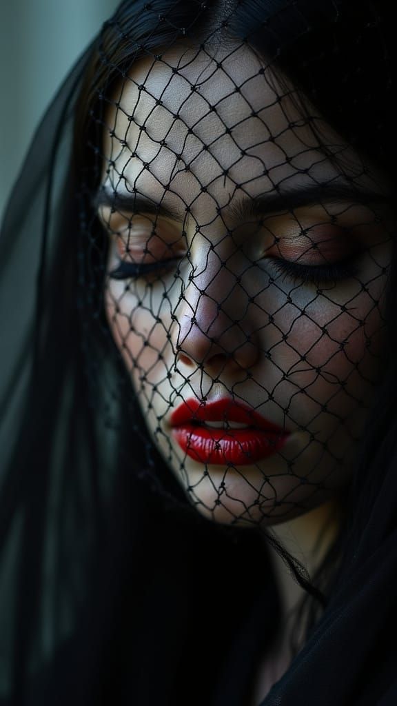 Hyperrealistic Woman Portrait Behind Black Fishnet Veil