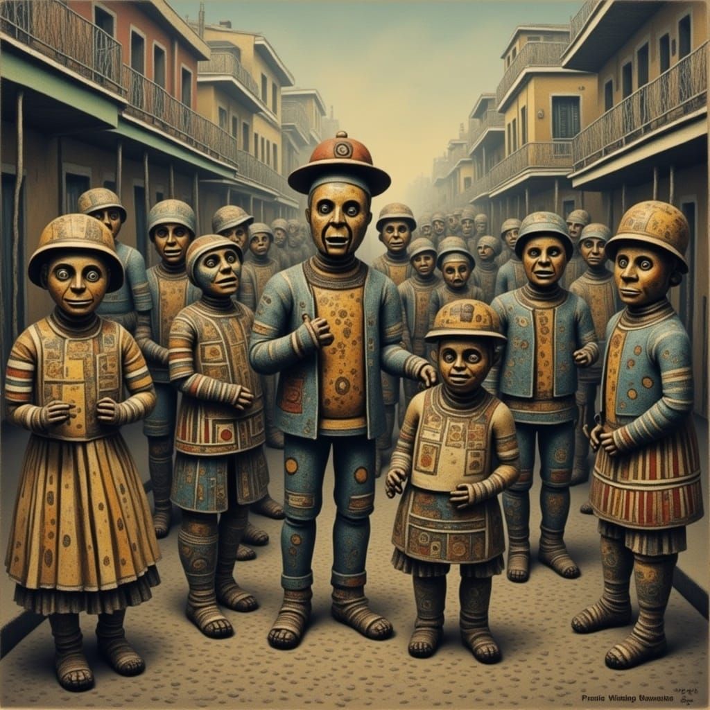 A New Orleans Jazz Funeral parade through the streets, with Creole dolls and jazz musician dolls and marionettes as the ...