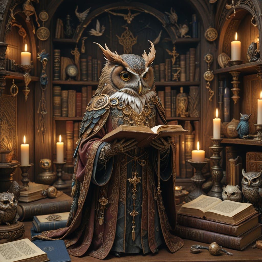 Anthropomorphic owl dressed in cleric robes reading an arcane text.