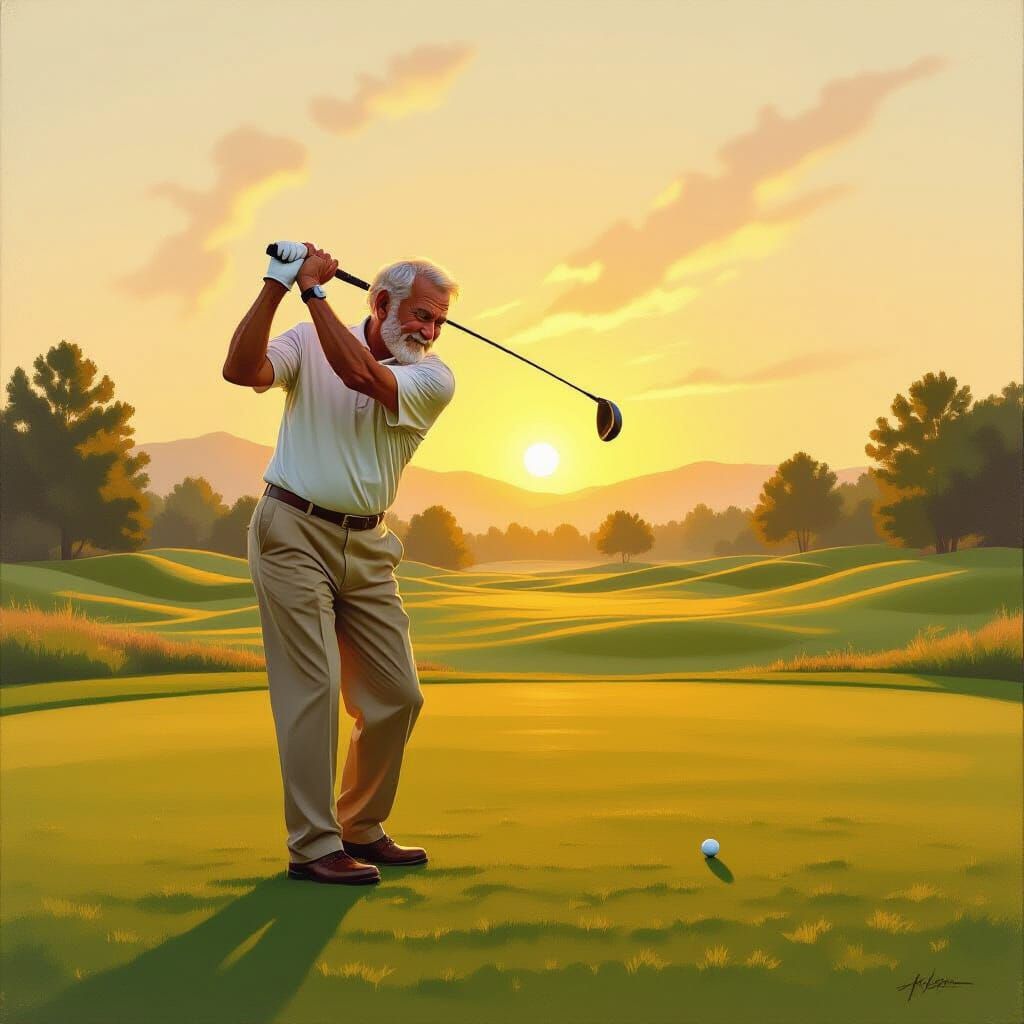 Elderly Golfer in Sunrise Light, Realistic Oil Painting Styl...