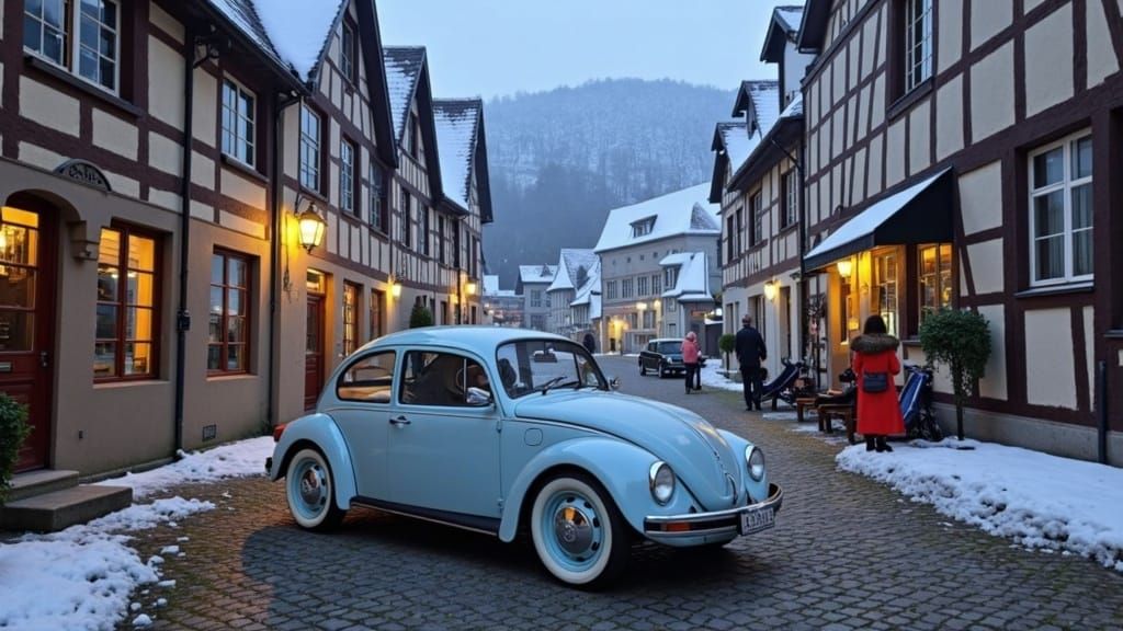 Winter Village Scene with Vintage Volkswagen Beetle in Soft...