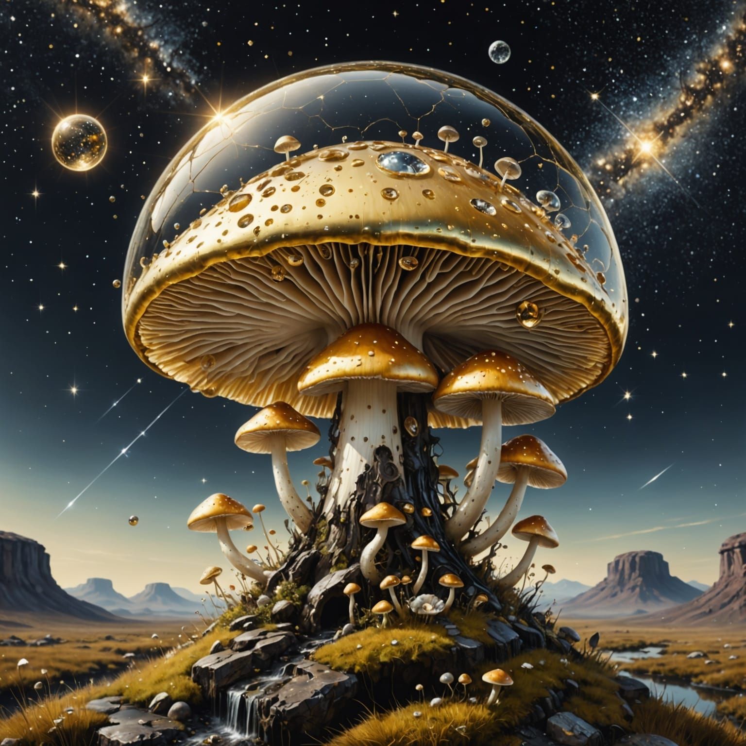 Mushroom in a Cosmic, Golden Oil Painting Scene