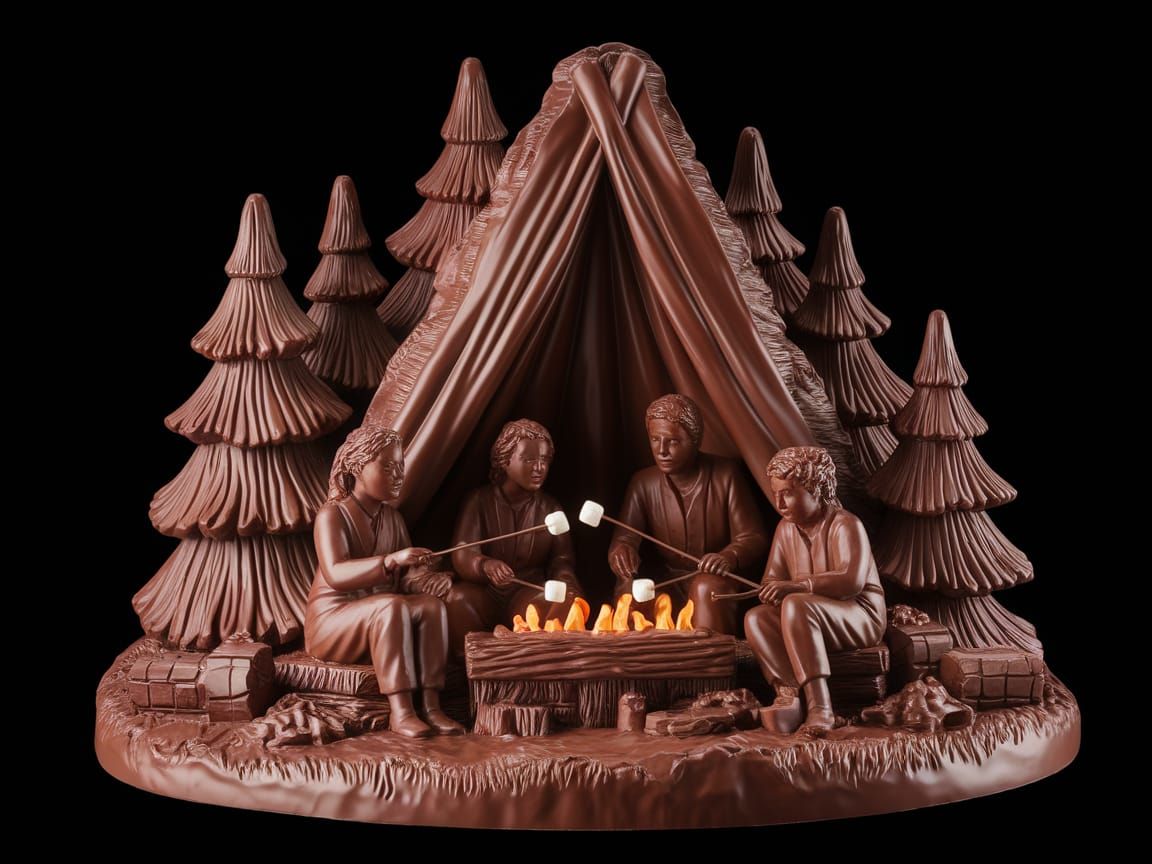 Intricate Chocolate Sculpture of Family Camping