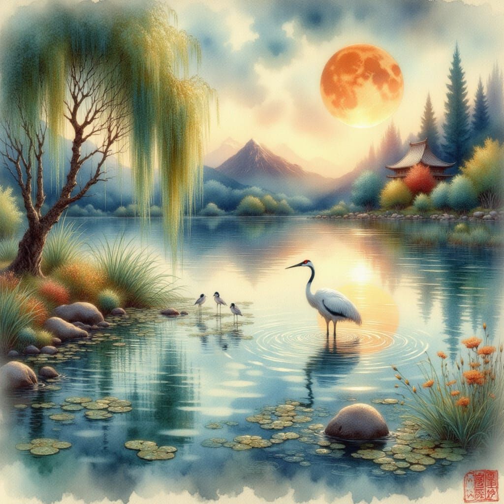 <lora:Impressionistic WC:1.0> japanese style crane pond willow trees full golden moon
