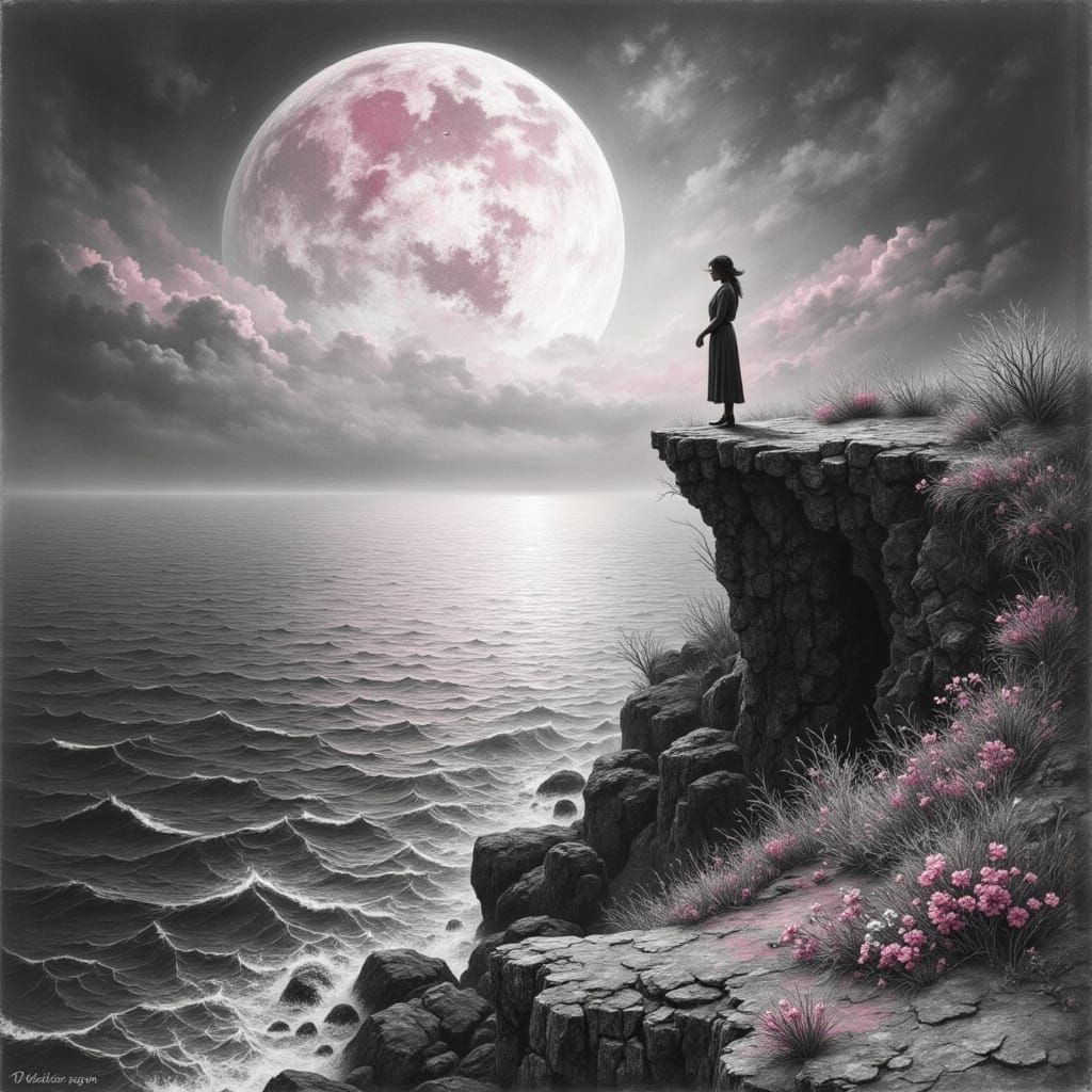 Lonely Woman Silhouetted by the Full Moon, in a Pencil Drawi...