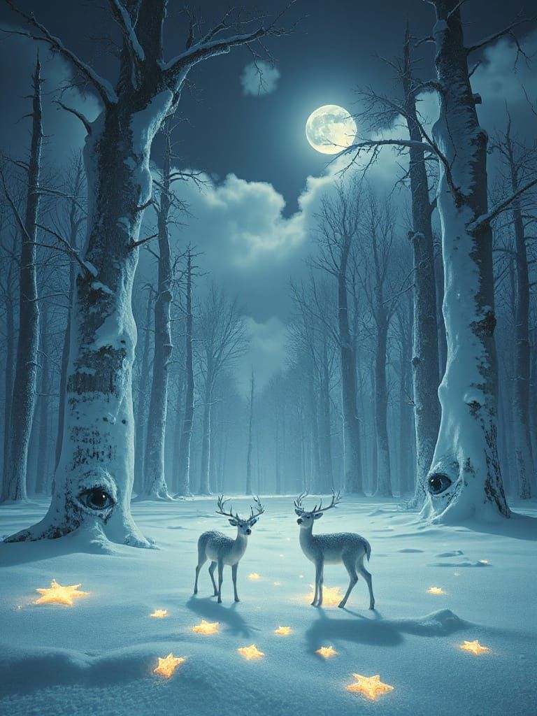 Surreal Snowy Forest With Sleeping Trees and Frost Deer