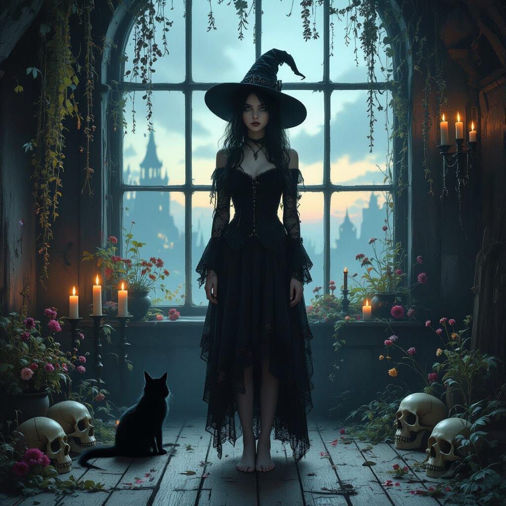 Gothic Witch in Shadow-Filled Room