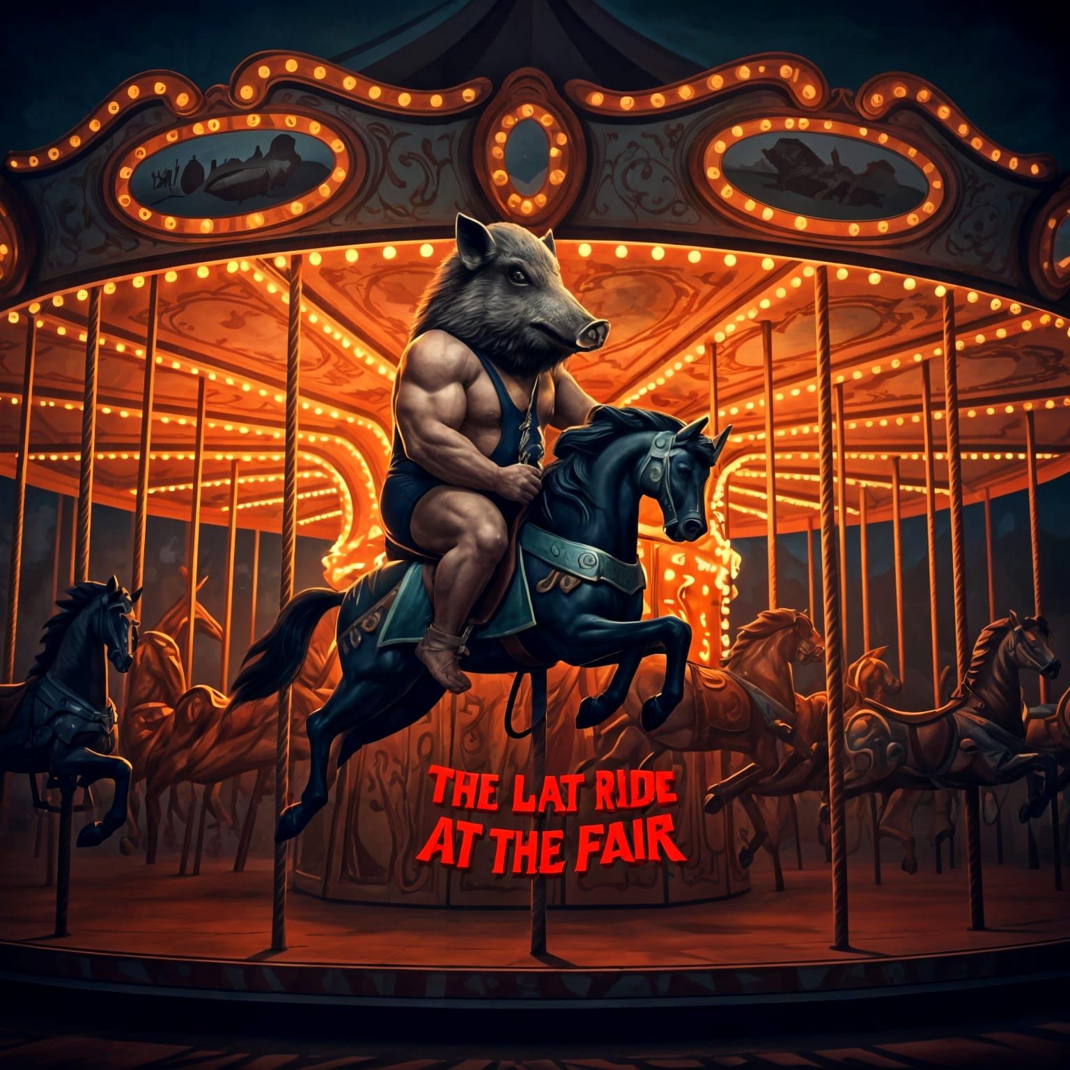 Boar Man's Last Carousel Ride: Dark Fantasy Art