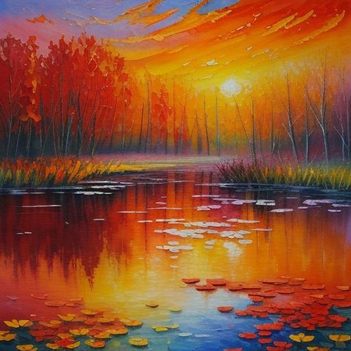 Autumn Lily Pond Sunset: Expressionist Watercolour