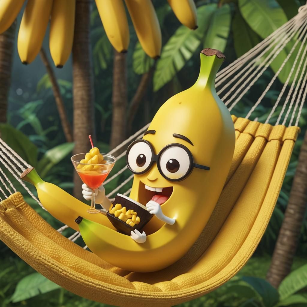 "Cute chibi banana boat fruit lying in a hammock, drinking a flambéed banana cocktail" cinematic surreal 3d image