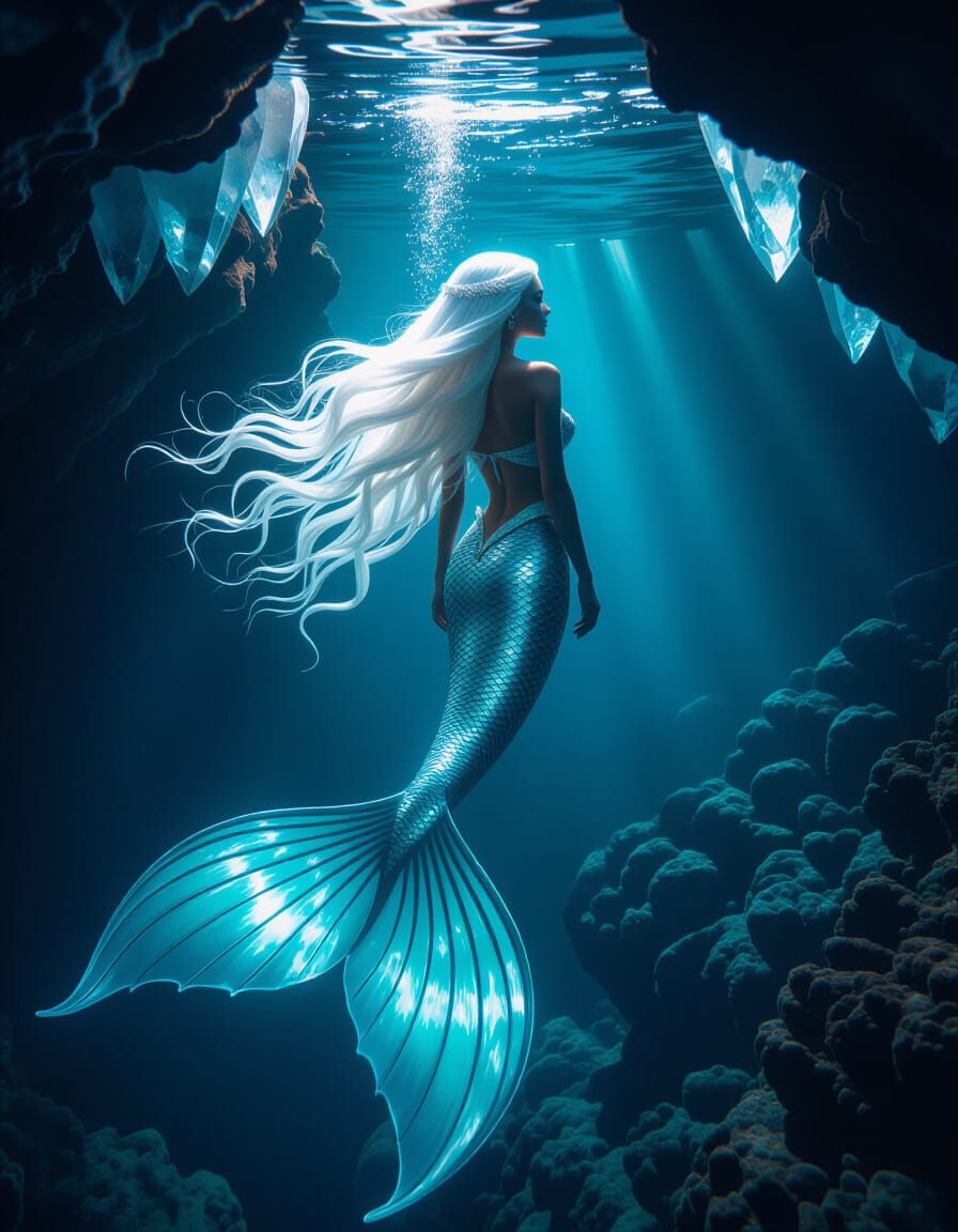 Mystical Mermaid in Underwater Cave with Flowing Hair
