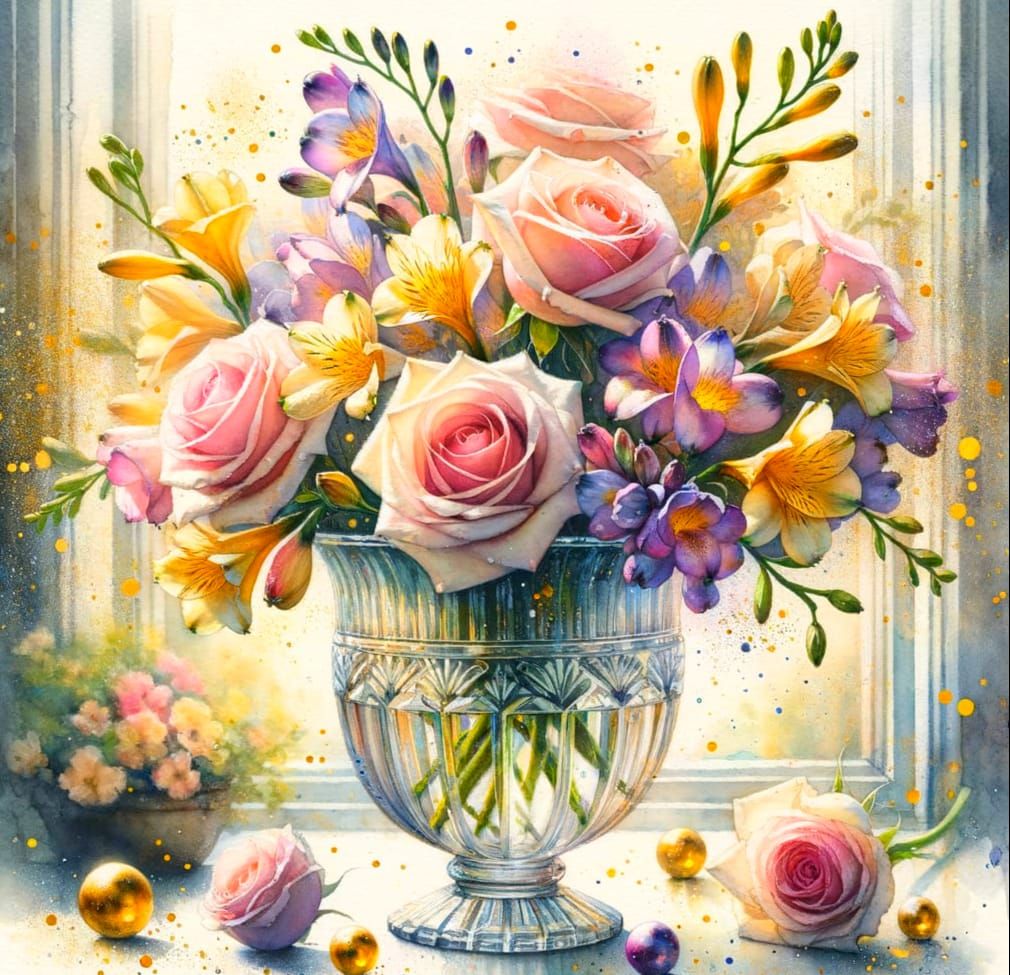 Delicate Watercolour Scene with Pink Roses and Freesias