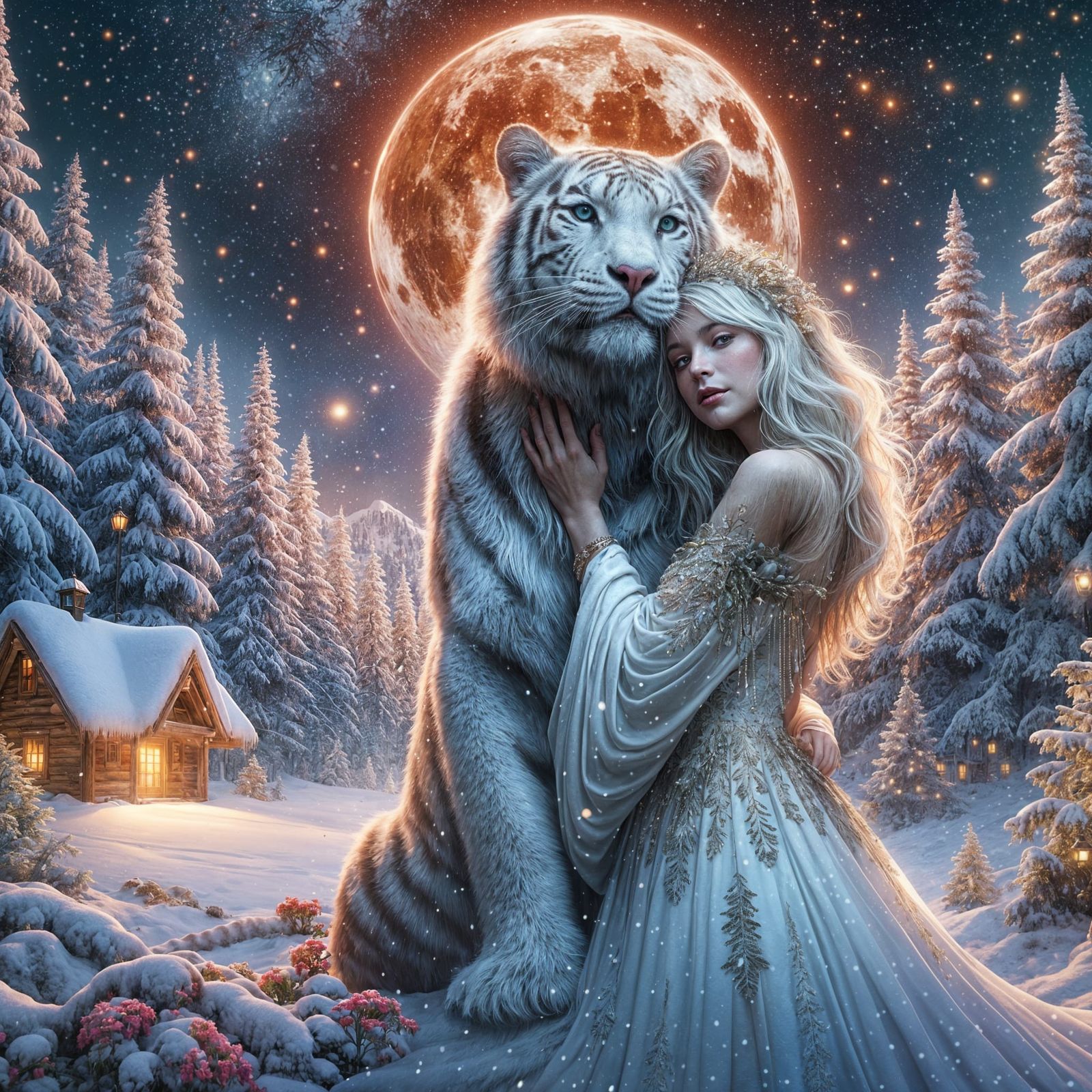 Princess and White Tiger in Enchanted Forest