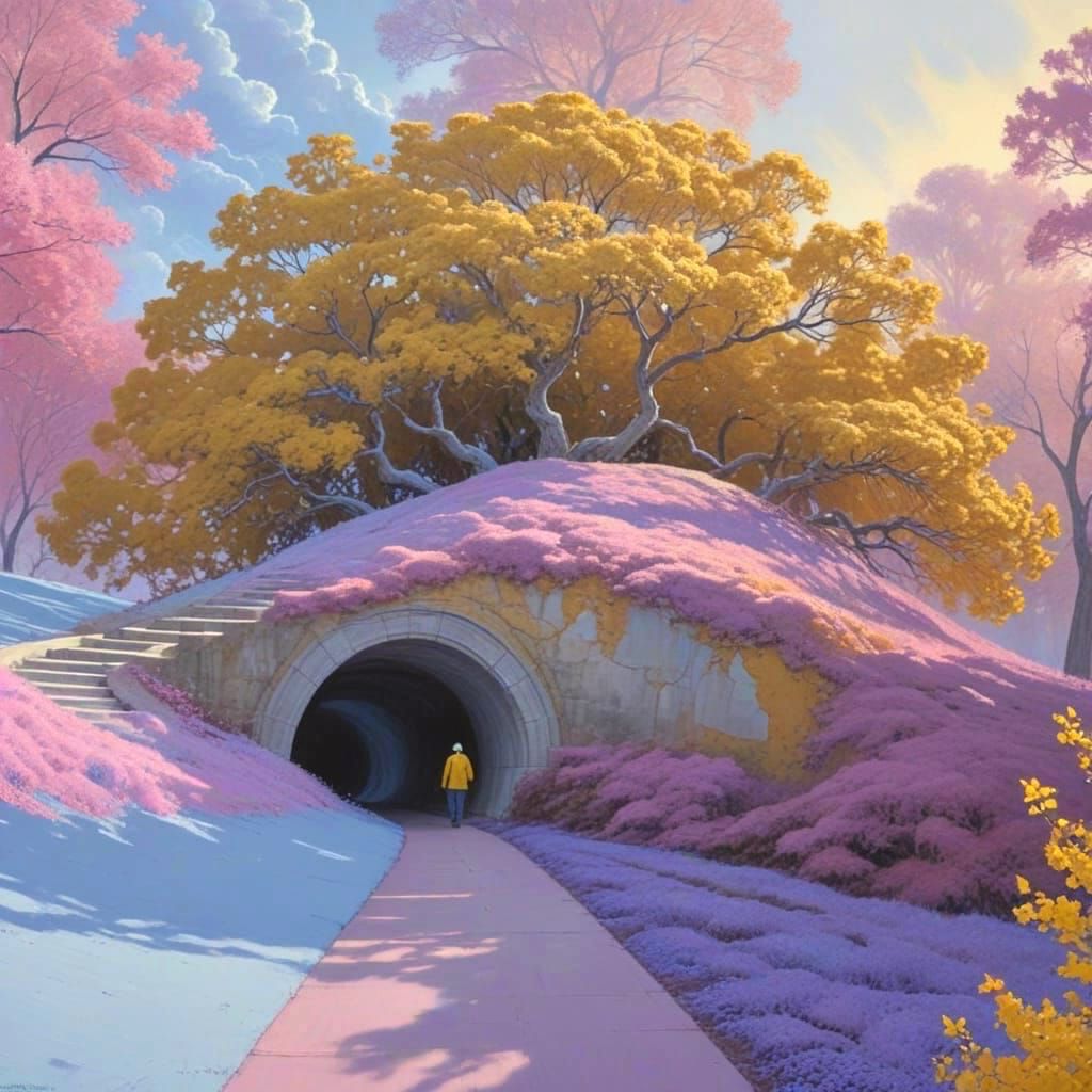 Surreal Tunnel Landscape with Yellow Jacket and Gold Trees