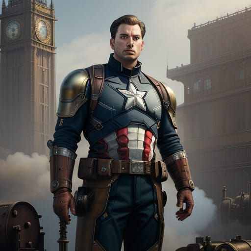 Captain America in Industrial Steam-Powered Exosuit