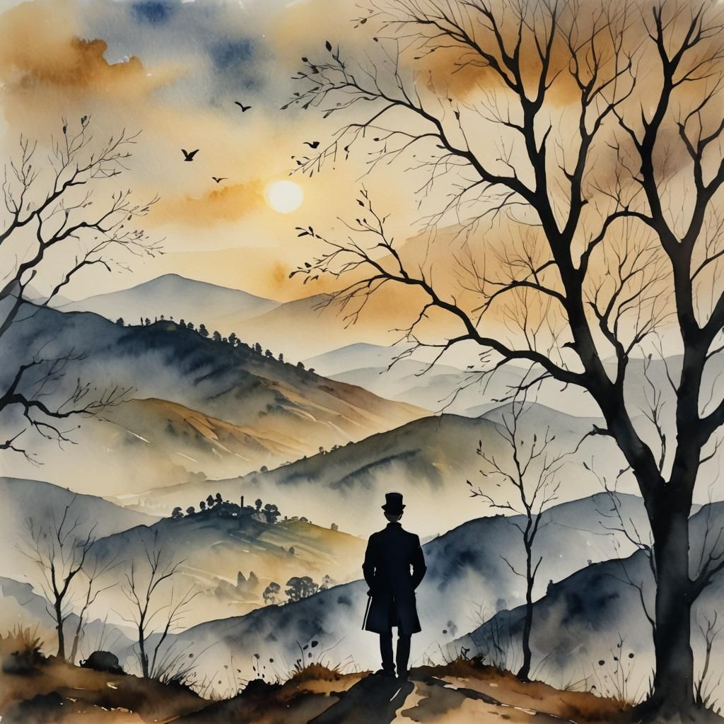 Chaplin Silhouette in Dreamy Watercolor Landscape
