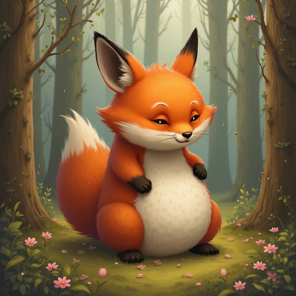 Fox with Round Belly in Woodland Scene
