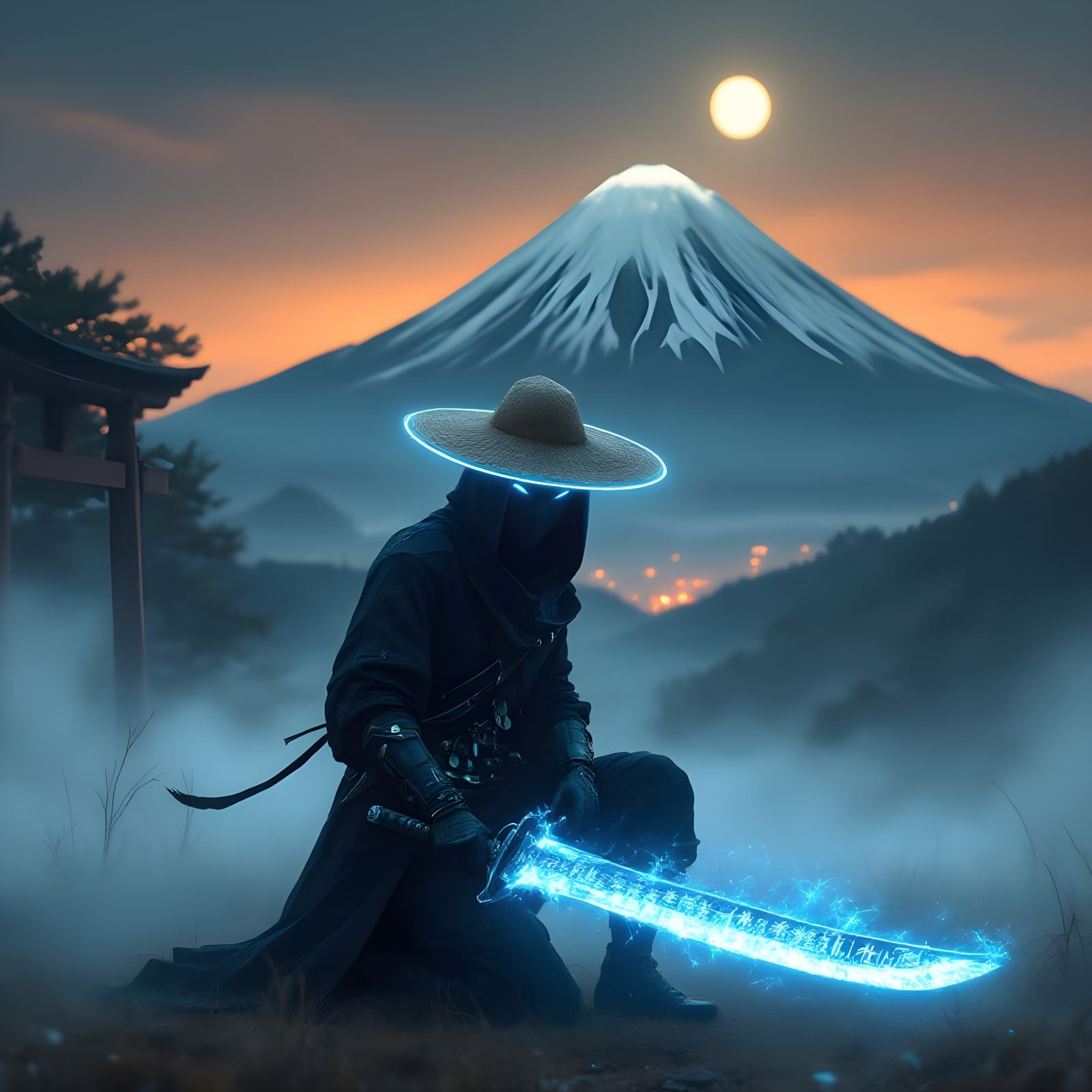 Ninja Warrior with Futuristic Sword in Foggy Field