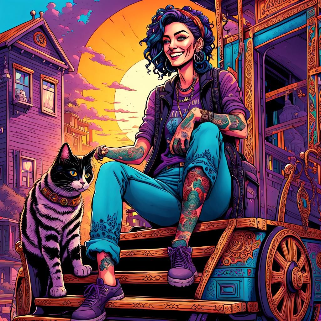 Smiling Hippie Punk Girl with Cat in Comic Book Art