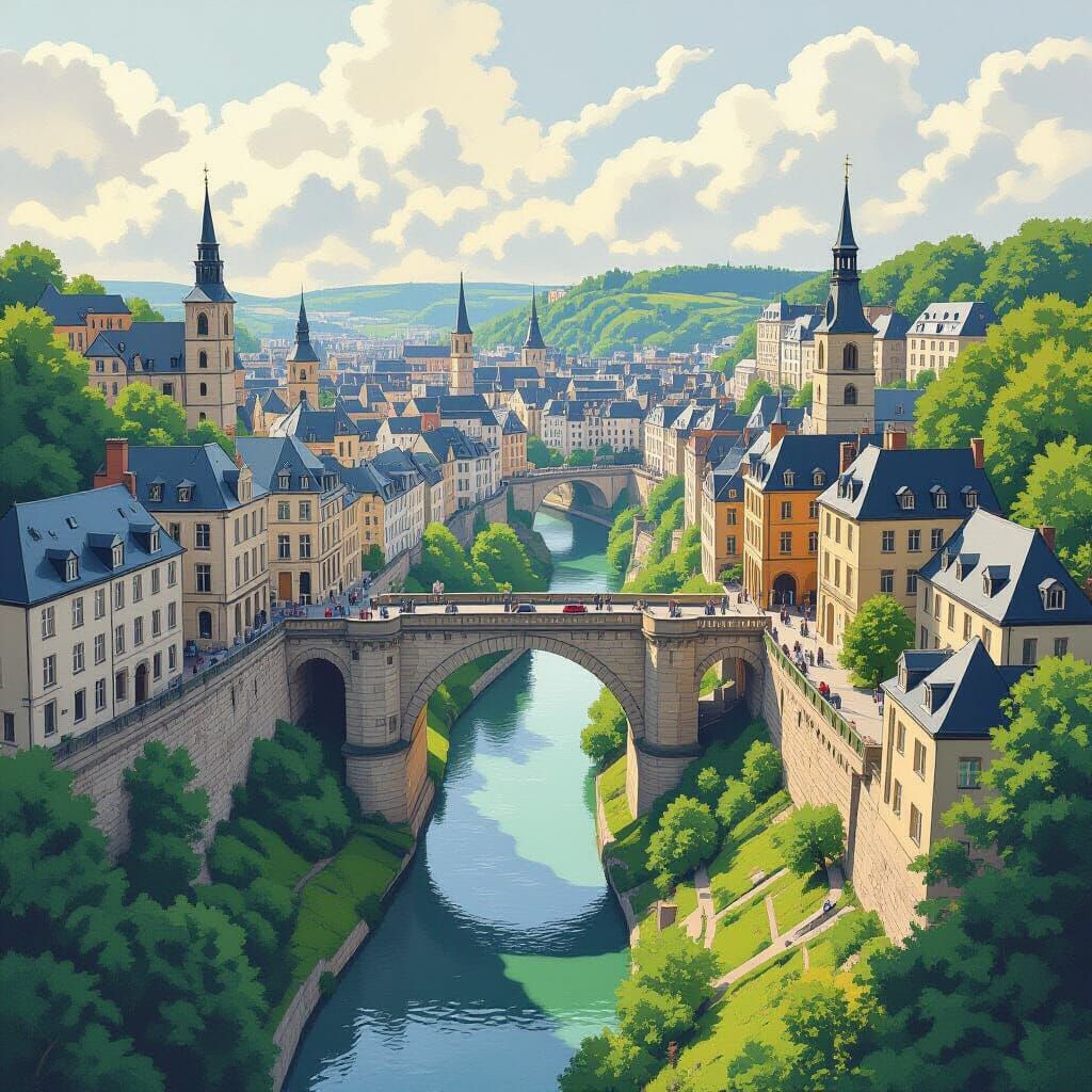 Luxembourg City Aerial View in Watercolor Style