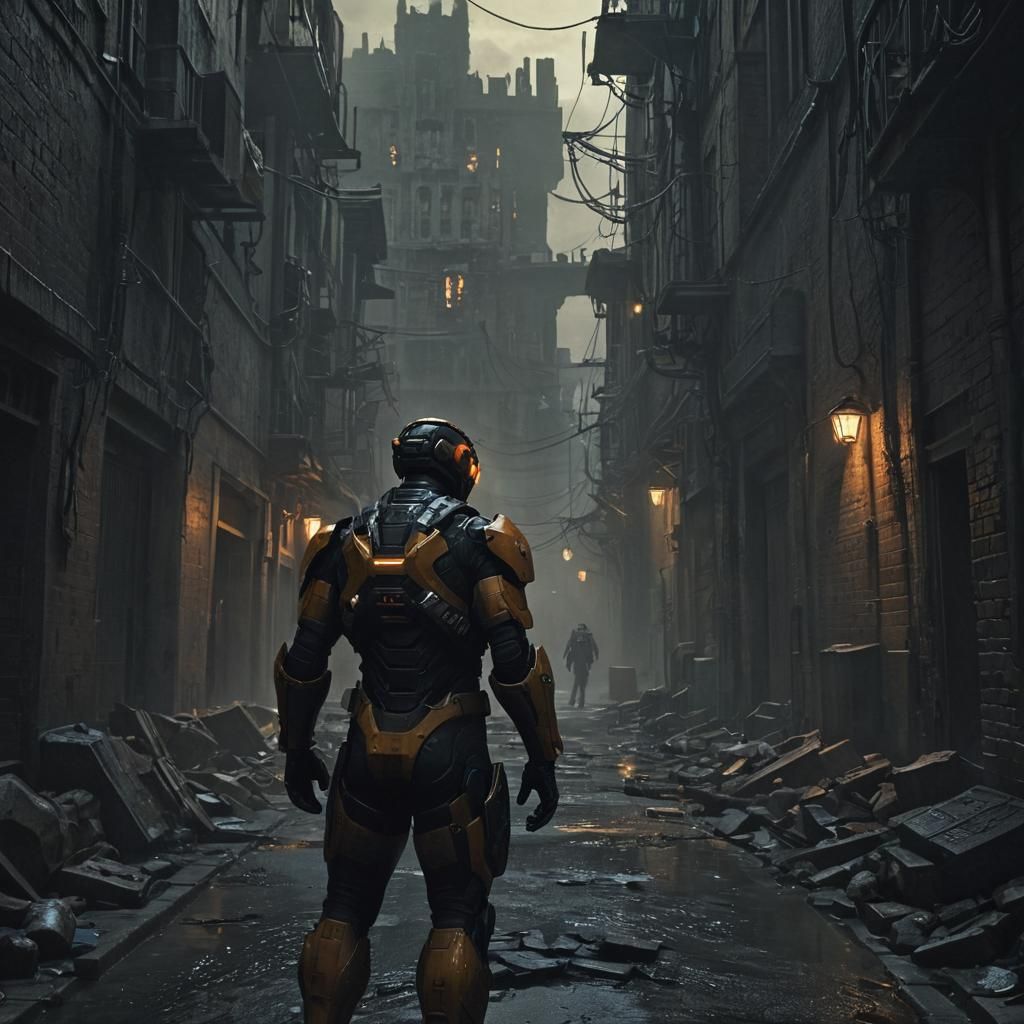 Gordon Freeman in a Ruined City 17 Alleyway, Dark Fantasy Co...