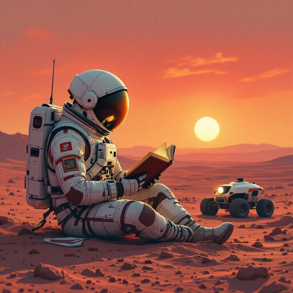 Lone Astronaut Reading on Mars in Gritty Style