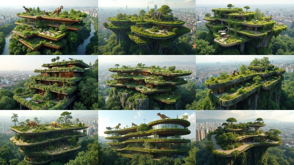 Lush Terraced Garden Building with Flying Pterodactyls