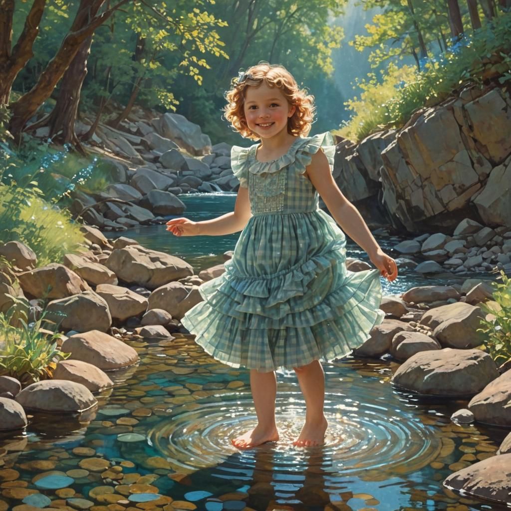 Sunlit Child in Mountain Stream, Art Nouveau Illustration