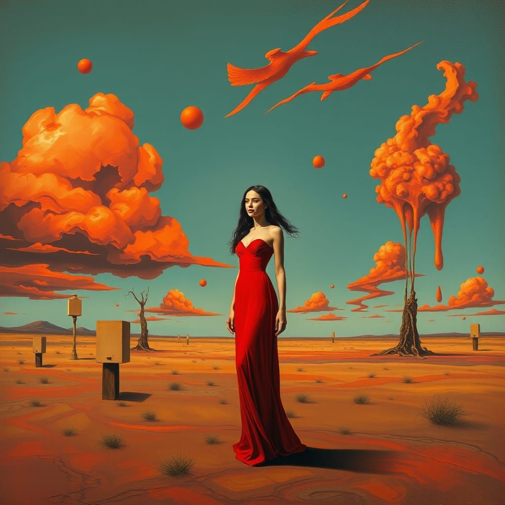 Surreal Scarlet Woman in a Dreamlike Landscape